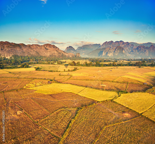 Aerial view of the fields and mountain. Beautiful landscape. Laos.