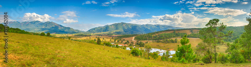  Beautiful landscape, mountain on background.Vang Vieng, Laos. Panorama