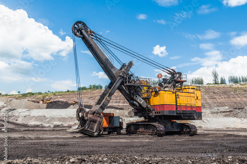 Mining Equipment or Mining Machinery, Bulldozer, wheel loader, shovels, loading of coal, ore on the dump truck from open-pit or open-cast mine as the Coal Production.
