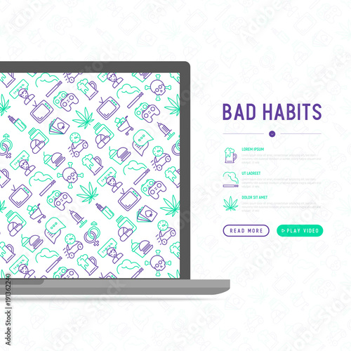 Bad habits concept with thin line icons set: abuse, alcoholism, cigarette, marijuana, drugs, fast food, poker, promiscuity, tv, video games. Modern vector iilustration for banner, print media.