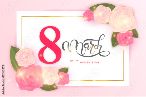 Happy Woman's Day text as celebration badge, tag, icon. Text card invitation, template. Festivity background. Lettering typography poster. © luxcor