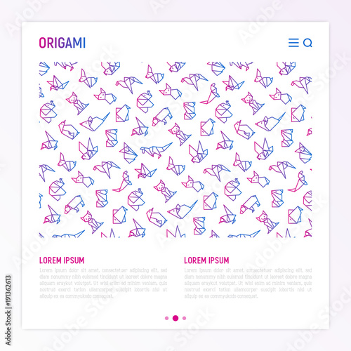 Origami concept with thin line icons: penguin, camel, fox, bear, sparrow, fish, mouse, bird, elephant, kangaroo, hare, seal, raccoon. Modern vector illustration for workshop with place for text.