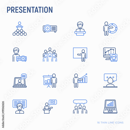 Presentation thin line icons set: seminar, human at tribune, meeting, projector , audience, video call, conference, discussion. Modern vector illustration.