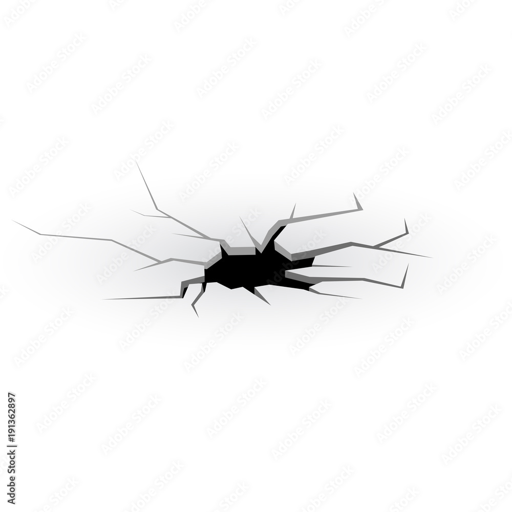Hole with cracks and breaks on white surface Hole with cracks and breaks on white surface