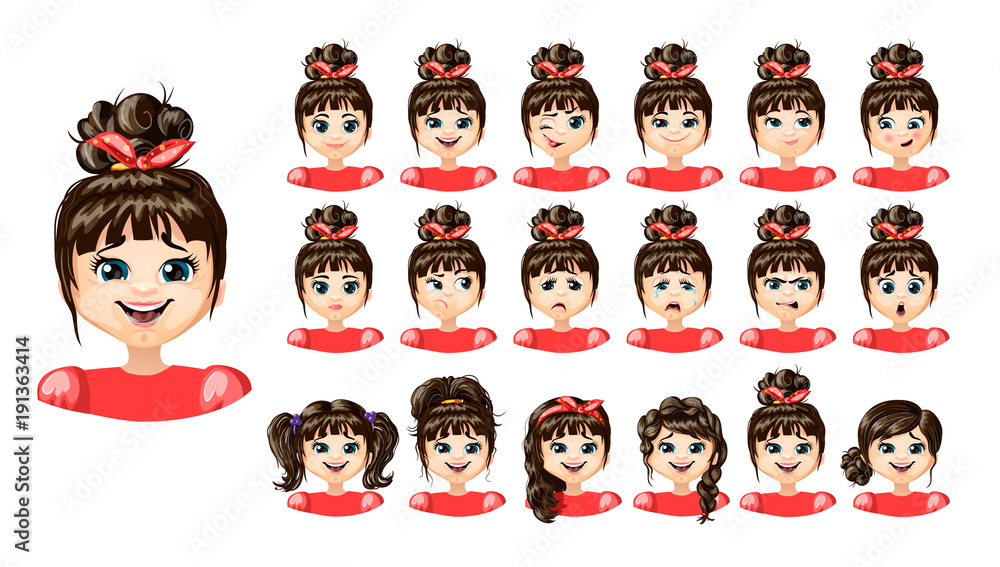 Cartoon Cute Girl Emotions Set Cartoon Cute Girl Emotions Set