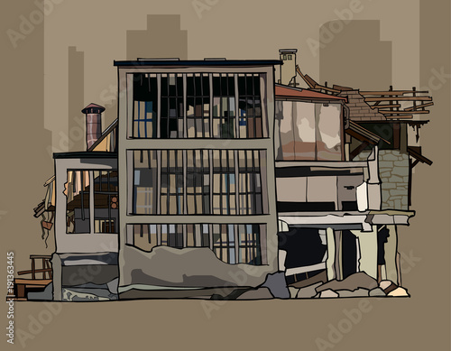 painted dilapidated three storey building in ruins