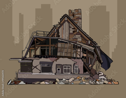 painted dilapidated two storey cottage in ruins