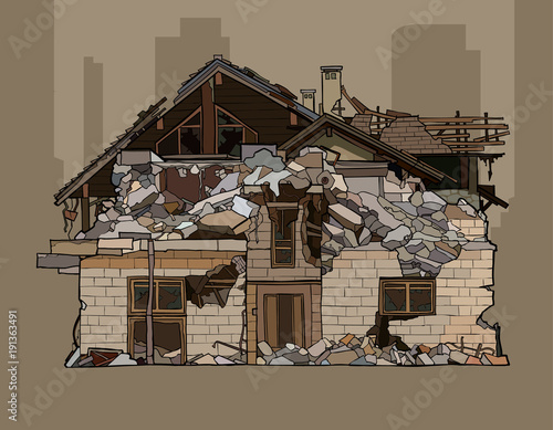 painted ruined a two storey brick house