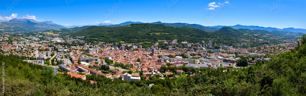 Elevated panoramic view of the city of Gap in the Hautes-Alpes in Summer. Southern French Alps, France