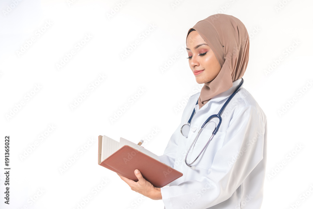 Hijab medical doctor with book. Educational concept. Hijab medical doctor with book. Educational concept.