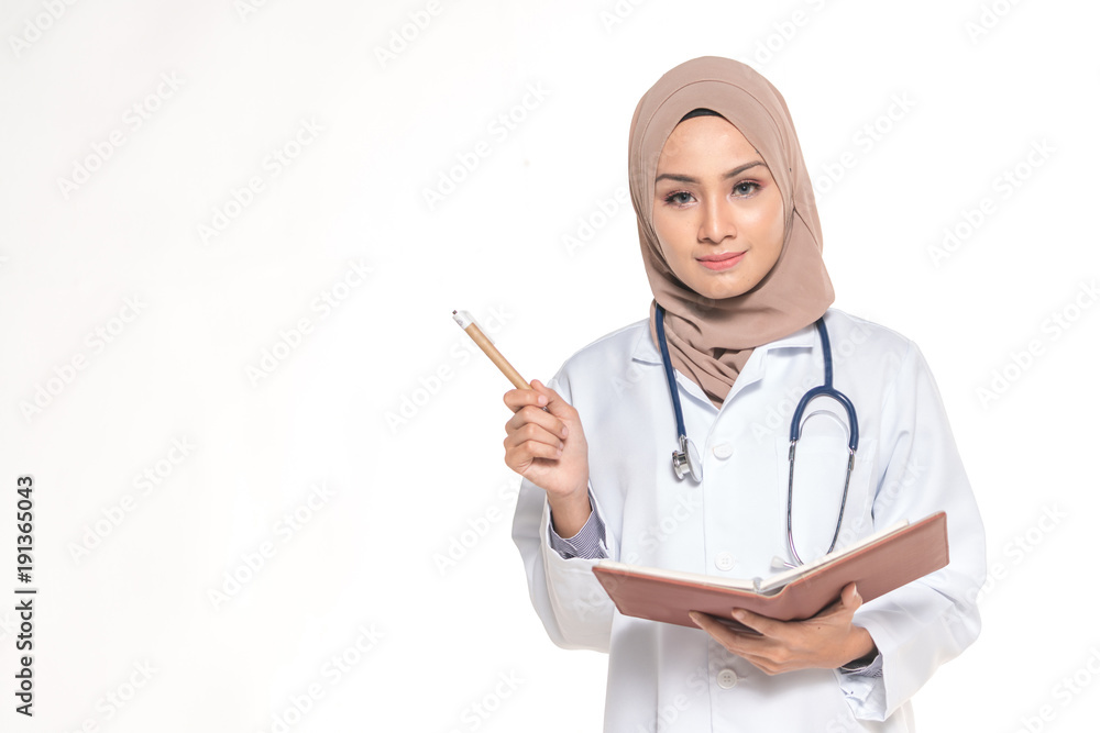 Hijab medical doctor with book. Educational concept. Hijab medical doctor with book. Educational concept.