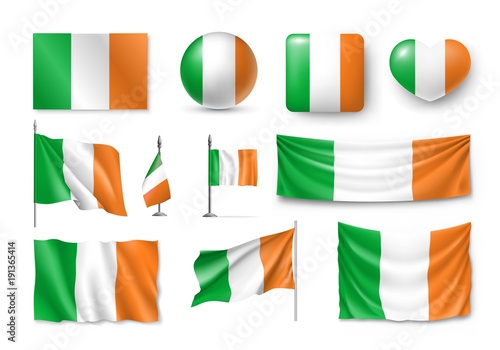 Set Ireland flags, banners, banners, symbols, flat icon. Vector illustration of collection of national symbols on various objects and state signs