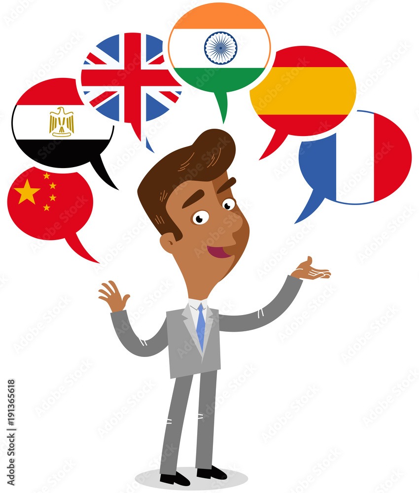 Asian vector cartoon man, six speech balloons with flags, speaking languages  Chinese, Arabic, English, Hindi, Spanish, French Stock Vector | Adobe Stock
