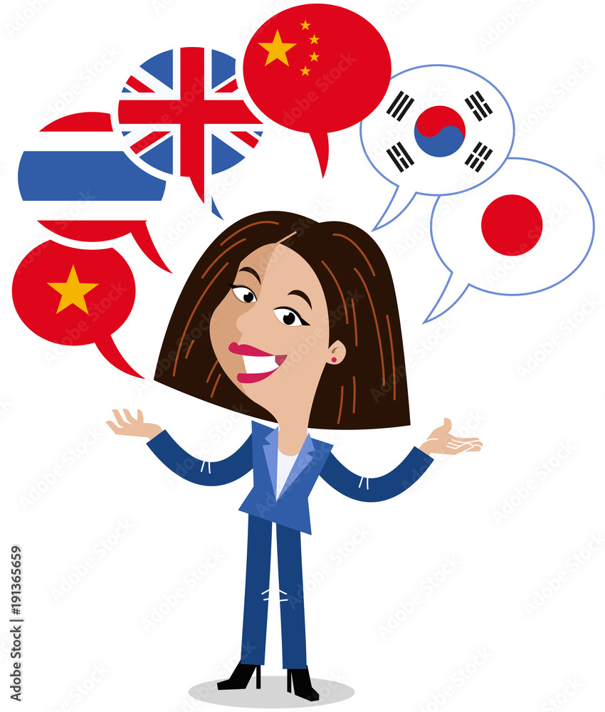 Vecteur Stock Asian vector cartoon woman, six speech balloons with flags,  speaking languages Chinese, English, Vietnamese, Korean, Japanese, Thai |  Adobe Stock