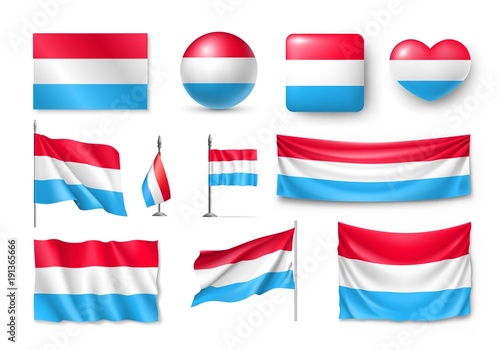 Set Luxembourg flags, banners, banners, symbols, flat icon. Vector illustration of collection of national symbols on various objects and state signs