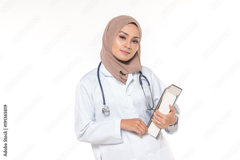Hijab medical doctor with blue book. Healthy concept. Hijab medical doctor with blue book. Healthy concept.