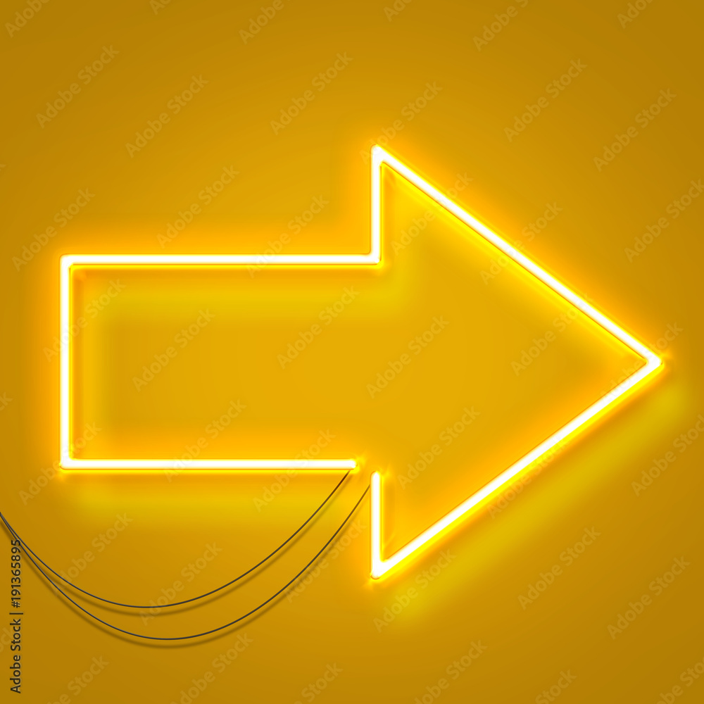 Yellow neon arrow sign on a yellow background Stock Illustration