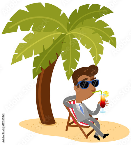 Vector illustration of an asian cartoon businessman sipping a cocktail sitting in a canvas chair underneath a palm tree on the beach