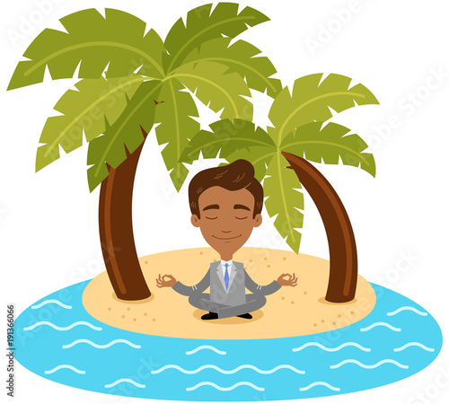 Vector illustration of an asian cartoon businessman doing yoga sitting in lotus position underneath a palm tree on an island.