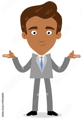 Vector illustration of an asian cartoon businessman looking clueless and shrugging his shoulders.
