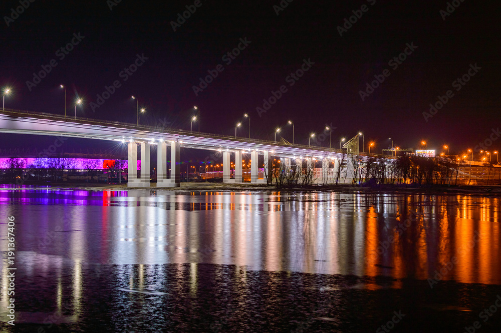Night view of illuminated bridge above of river Don in Rostov-on-Don in Russia