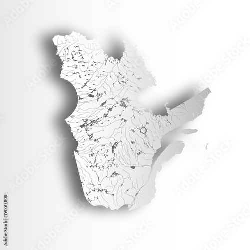 Provinces and territories of Canada - map of Quebec with paper cut effect. Rivers and lakes are shown.