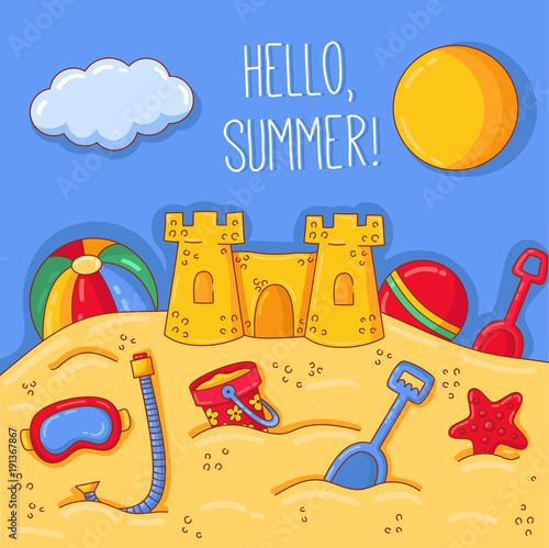 Summer beach view sand castle and toys