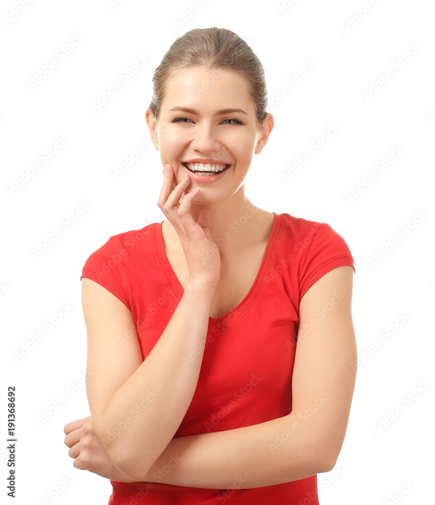 Portrait of beautiful smiling woman on white background Portrait of beautiful smiling woman on white background