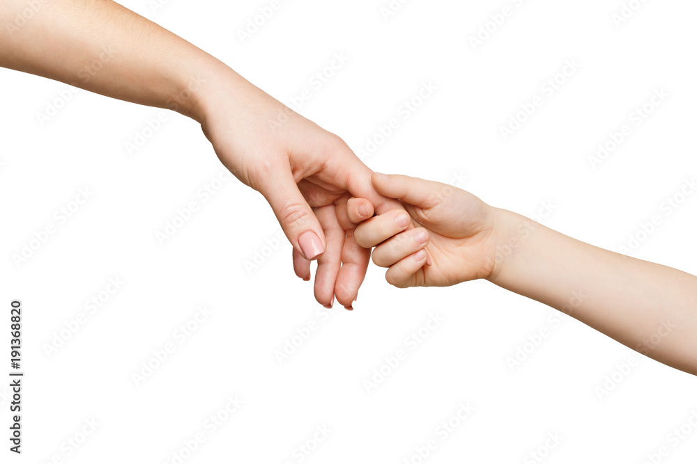 Kid holding mother's finger, isolated on white Kid holding mother's finger, isolated on white