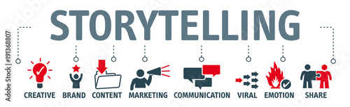 storytelling, banner with keywords and icons
