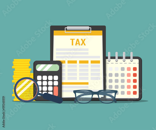 Concept tax payment. Data analysis, paperwork, financial research report and calculation of tax return. Payment of debt. Vector illustration in flat style