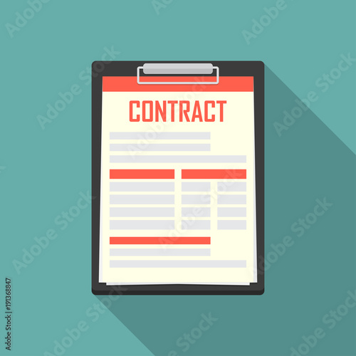 Contract document in clipboard with long shadow. Vector illustration