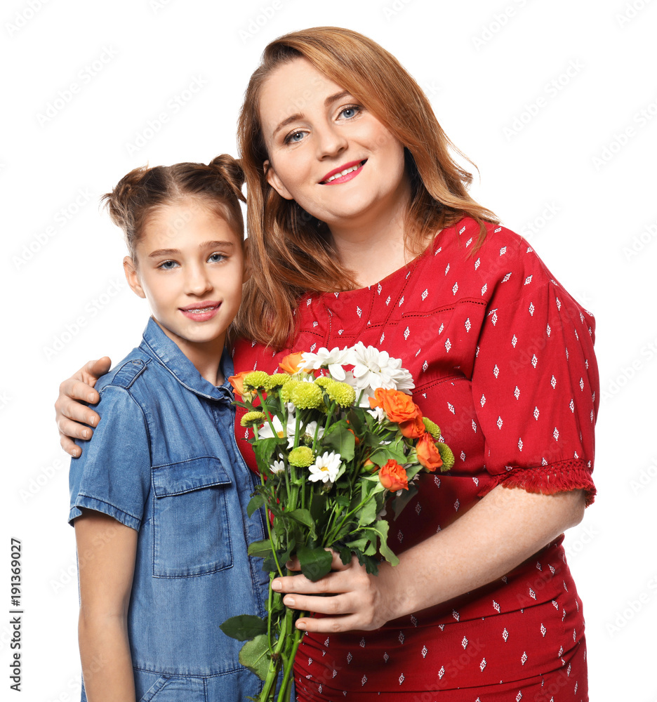 Portrait of happy mother and daughter with bouquet of flowers on white background Portrait of happy mother and daughter with bouquet of flowers on white background