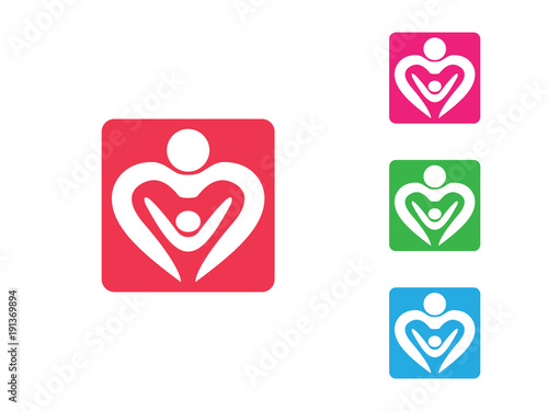 orphan child adoption family with heart shape iconic vector logo design