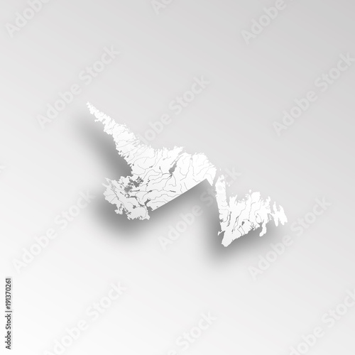 Provinces and territories of Canada - map of Newfoundland and Labrador with paper cut effect. Rivers and lakes are shown.