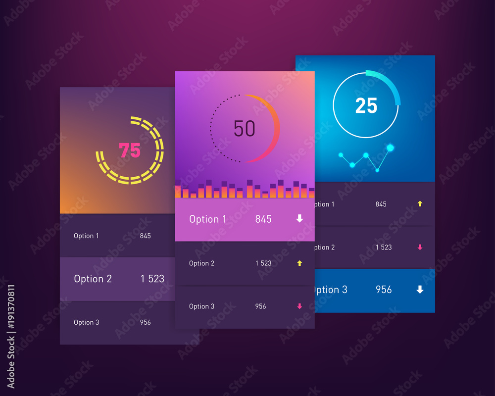 Dashboard UI and UX Kit. Bar chart and line graph designs. Different