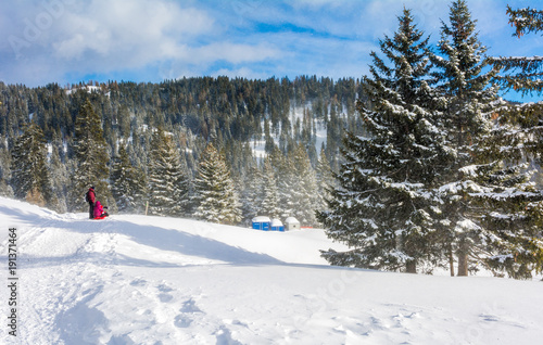 Group of people in winter nature walking through snowy landscape