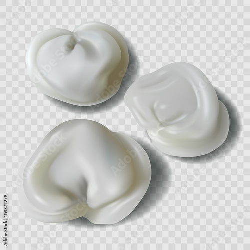 Vector 3d realistic meat dumplings, traditional Russian cuisine, dough with filling pork and beef isolated on transparent background. Pelmeni, handmade natural product, delicious national dish