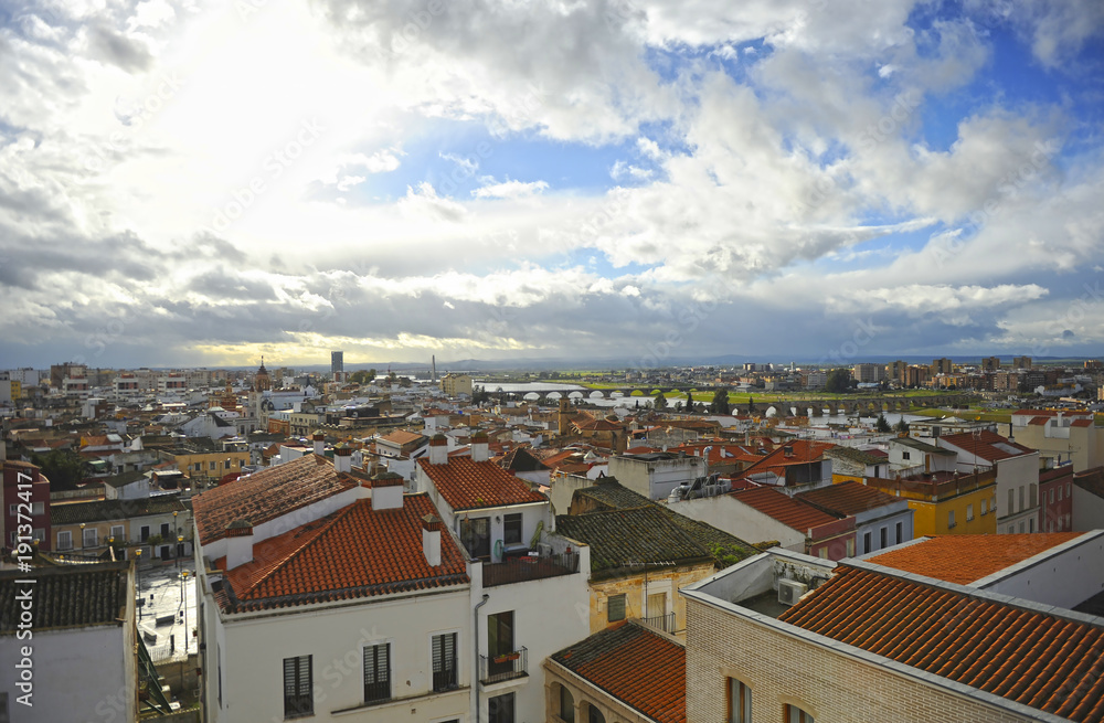 Panoramic view of the Badajoz city and the Guadiana river from the Alcazaba, Extremadura, Spain