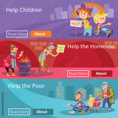 Help to homeless people vector illustration for social charity project web banners. Flat design of poverty charity organization for help to beggars or homeless bum and children begging alms in poverty