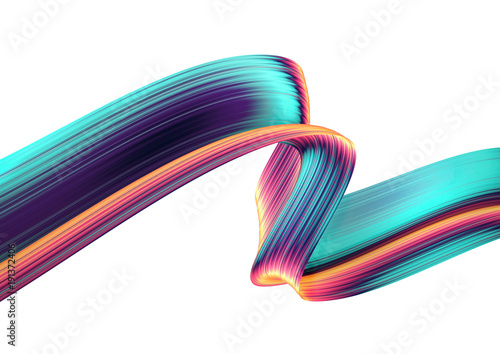 3D render abstract background. Colorful twisted shapes in motion. Computer generated digital art for poster, flyer, banner background or design element. Holographic foil ribbon on white background.
