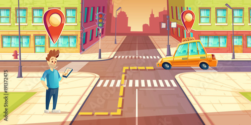 Vector urban navigation, taxi service application concept, advertising template. Illustration with young man character on street, smartphone, taxi car route with pointers, cartoon cityscape background