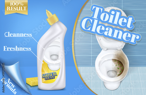 Vector poster of toilet cleaner ads, before and after effect of detergent, top view of bowl in 3d illustration. Cleaning concept, liquid disinfectant promotion. Antiseptic brand, chemistry banner
