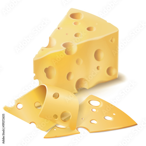 Vector realistic emmental cheese wedge with thin slices. Swiss, italian dairy fresh organic product, gourmet healthy food object for advertising, poster design. Isolated illustration, white background