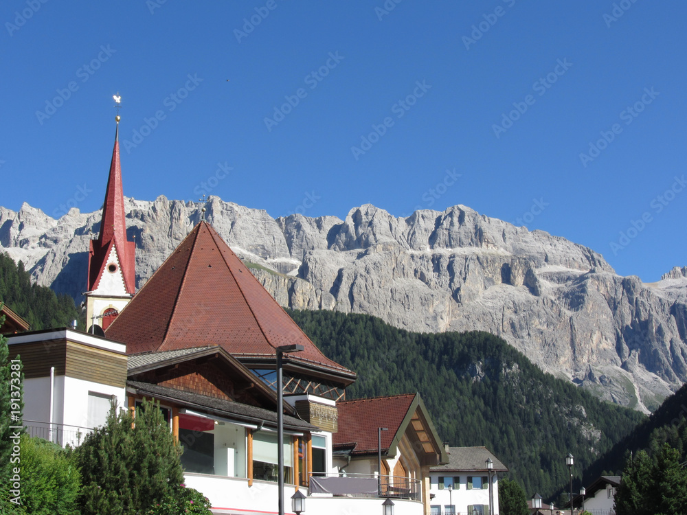 Panoramic view of Selva di Val Gardena, South Tyrol , Alto Adige - Italy with Dolomites background Panoramic view of Selva di Val Gardena, South Tyrol , Alto Adige - Italy with Dolomites background