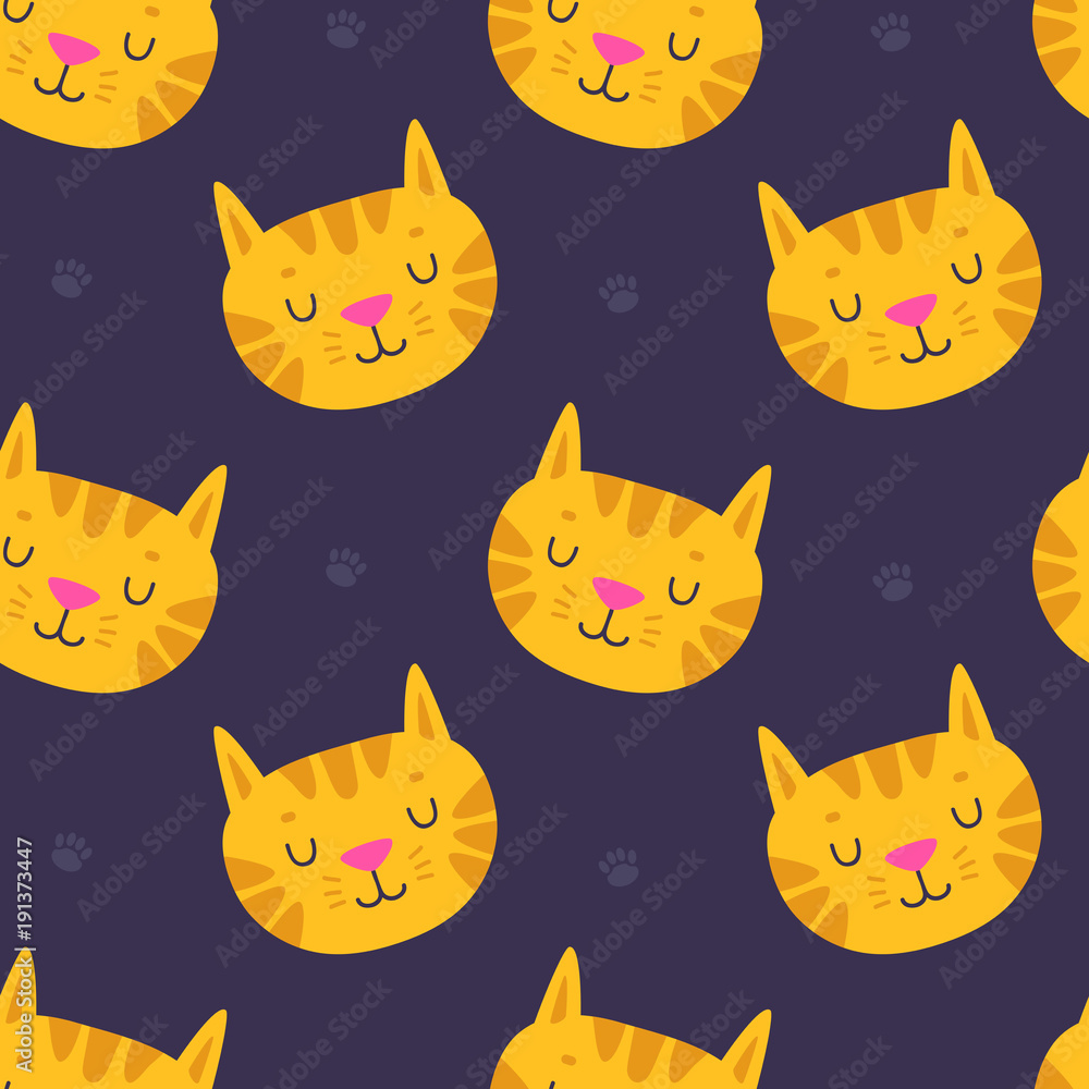 Handdrawn cute cat seamless pattern on dark background. Vector illustration EPS10 for birthday, wrapping paper, textile, web page background, packaging, poster, banner and etc. Handdrawn cute cat seamless pattern on dark background. Vector illustration EPS10 for birthday, wrapping paper, textile, web page background, packaging, poster, banner and etc.
