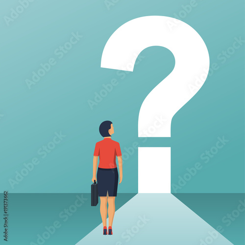 What's next concept. Big question mark on a way. Businesswoman in suit with briefcase faces an unknown open. Vector illustration flat design. Isolated on white background.