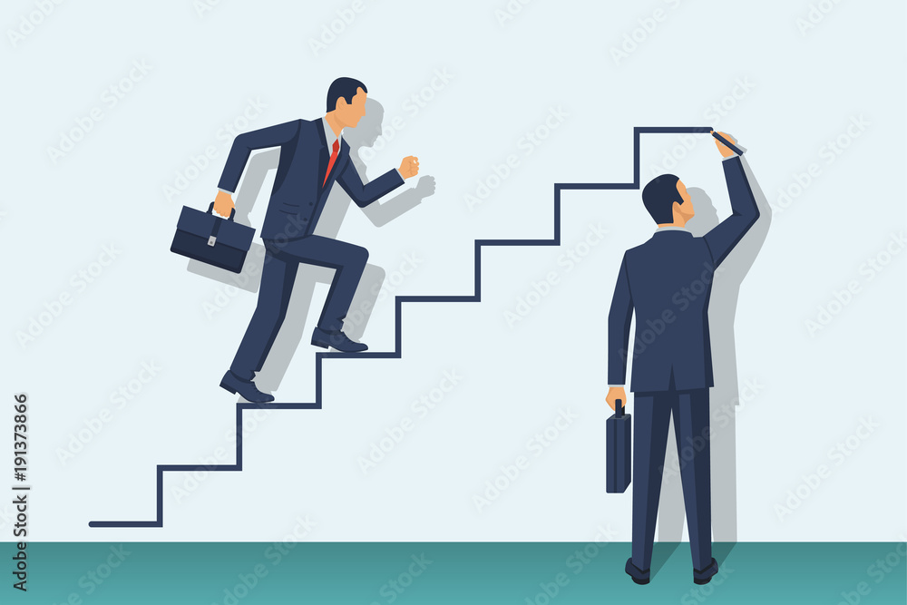 Businessman is climbing career ladder. Human hand drawing stairs close up. Concept of business development. Vector illustration flat design. Isolated on white background. Step by step. Businessman is climbing career ladder. Human hand drawing stairs close up. Concept of business development. Vector illustration flat design. Isolated on white background. Step by step.