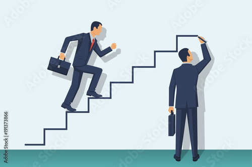 Businessman is climbing career ladder. Human hand drawing stairs close up. Concept of business development. Vector illustration flat design. Isolated on white background. Step by step.