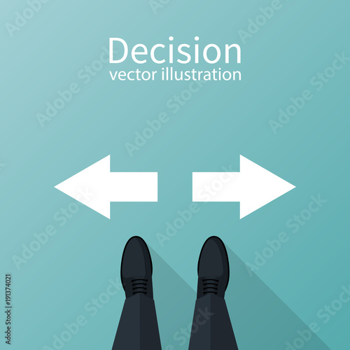 Decision concept. Decide direction, arrows right left.  Businessman standing choice of ways. Defore choosing. Vector illustration flat design. Isolated on white background.